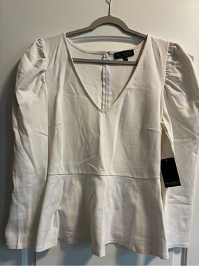 Eloquii White V-Neck Peplum Long-Sleeve Shirt